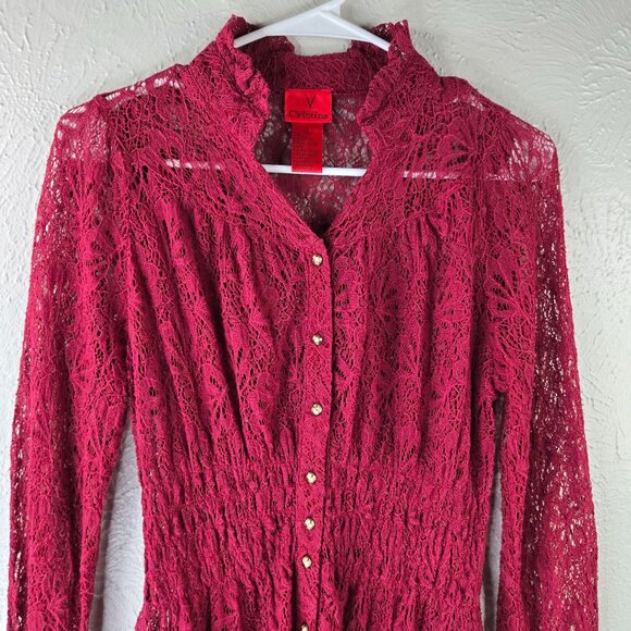 Cristina Tunic Red Floral Lace Sheer Button Front Bell Sleeve Fairy Glam Shirt - Picture 4 of 12